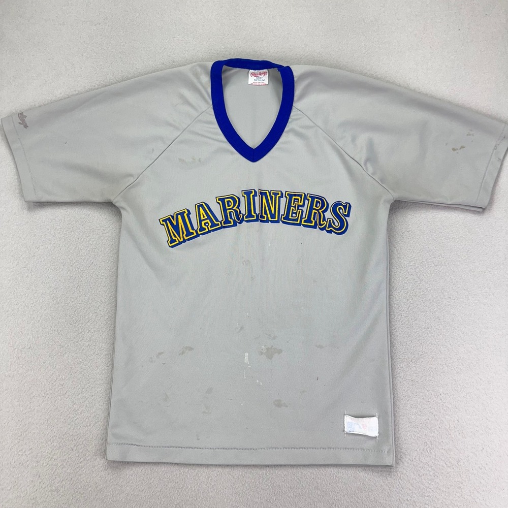 Vintage Seattle Mariners Baseball Tee Medium Grey Rawlings Jersey Knit Ringer